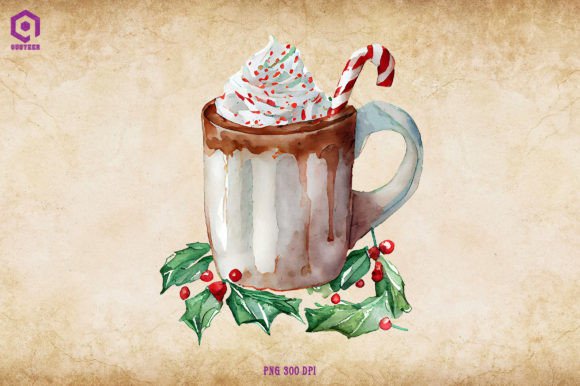 Watercolor Christmas Hot Cocoa Graphics for Editorial Use